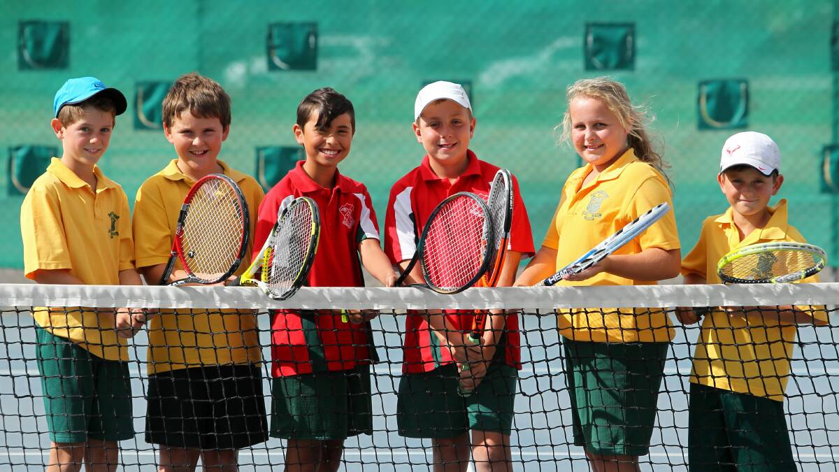 Patrick Parnell, 11, Angus Barlow, 11, Cameron Goss, 10, Liam Rhodes, 11, Lara Wighton, 11, and Rory Parnell, 8, are all part of the Wagga Diocese tennis team. Picture: MATTHEW SMITHWICK