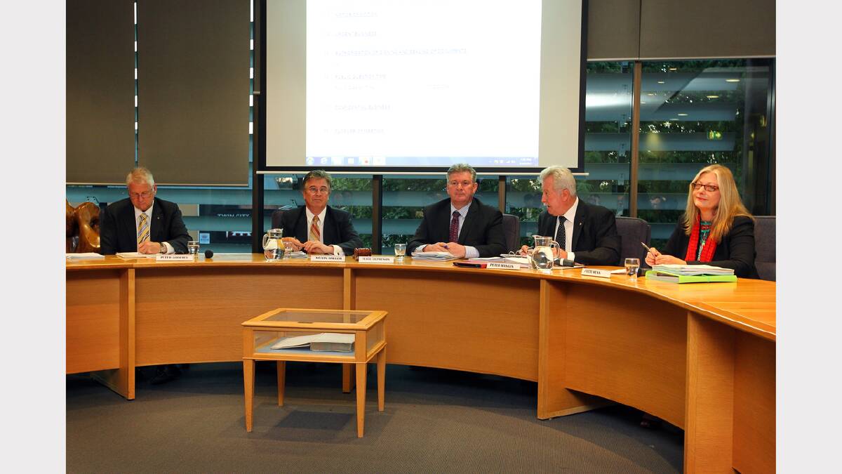 The administrating Wangaratta Council - consisting of Peter Godfrey, Kelvin Spiller, Peter Stephenson, Peter Mangan, and Patti Wenn - during the first council meeting since the previous council was sacked.