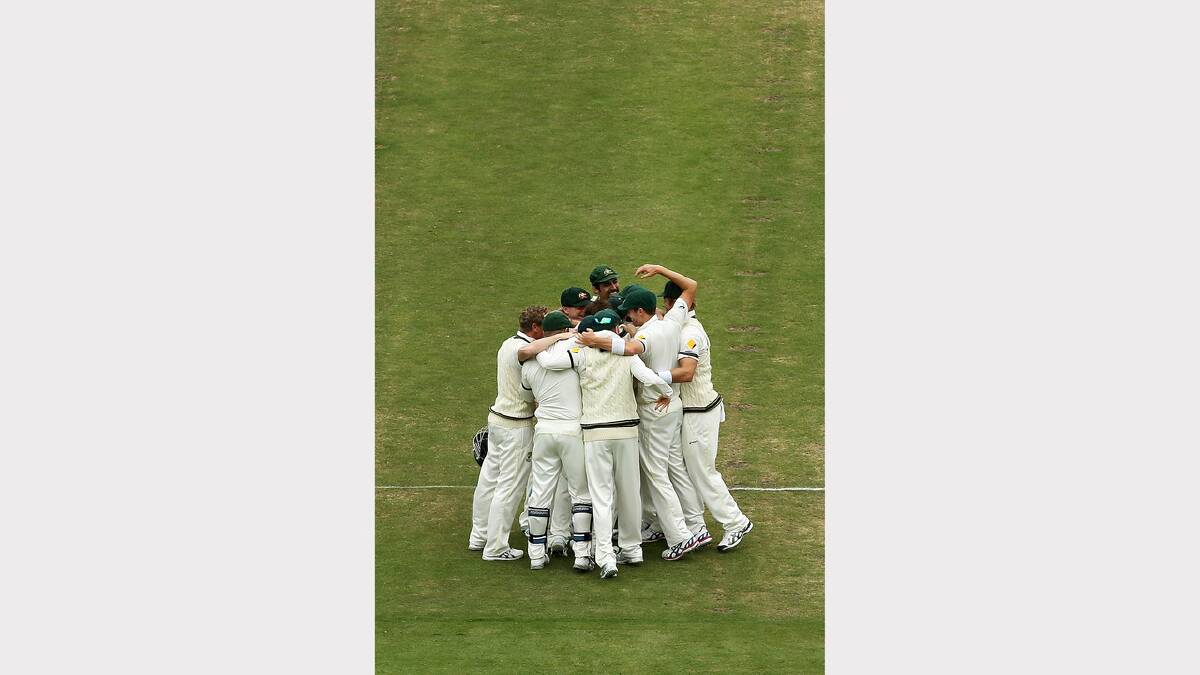Australian players celebrate after winning the game during day five of Second Ashes Test Match. Picture: GETTY IMAGES