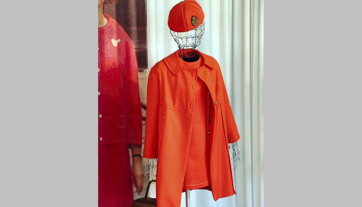 The 1969-71 uniform was a burnt coral mini A-line dress with a short jacket and another exotic hat. With the introduction of pantyhose, uniform skirts were shortened considerably and the outfit was teamed with brown shoes and a brown leather handbag. Photo: Edwina Pickles