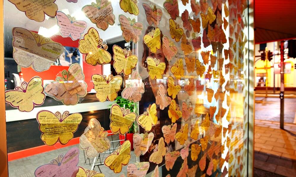 Some of the hundreds of butterflies that have been stuck on the window of The Border Mail's Dean Street office.