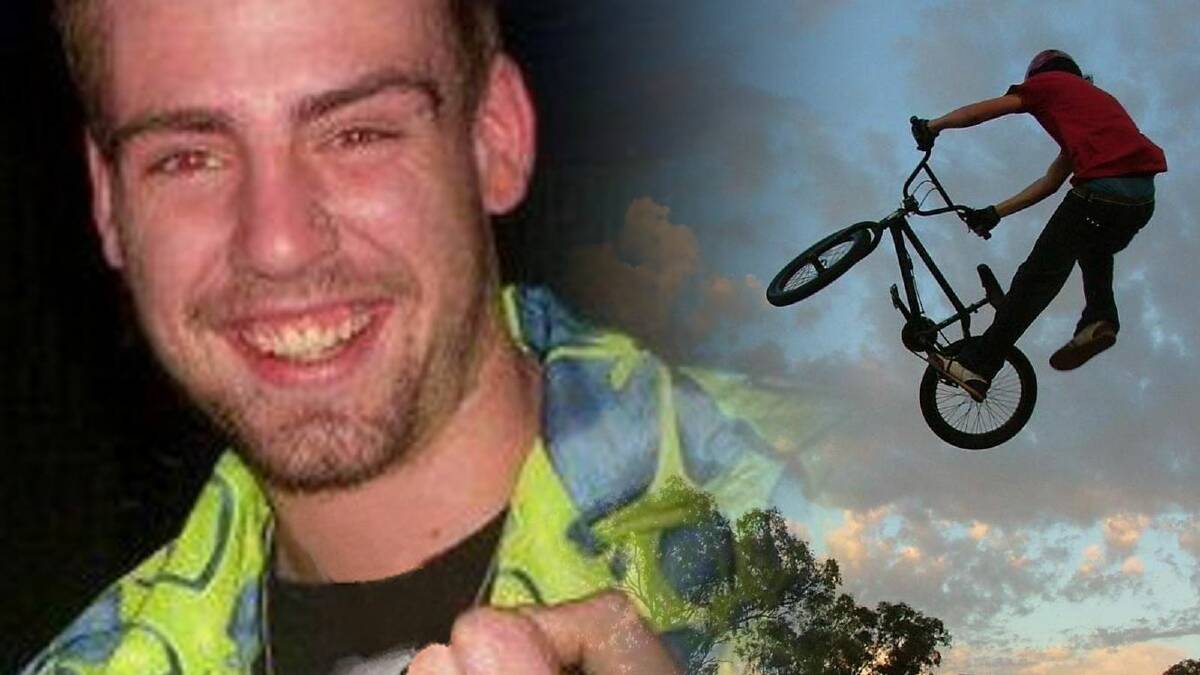 Chris Peachey in his favourite “grog and giggle” shirt.INSET: Chris was a talented BMX rider, pictured here showing off his skills.LEFT: Flowers lay at the scene of Sunday morning’s crash on Mungabareena Road.