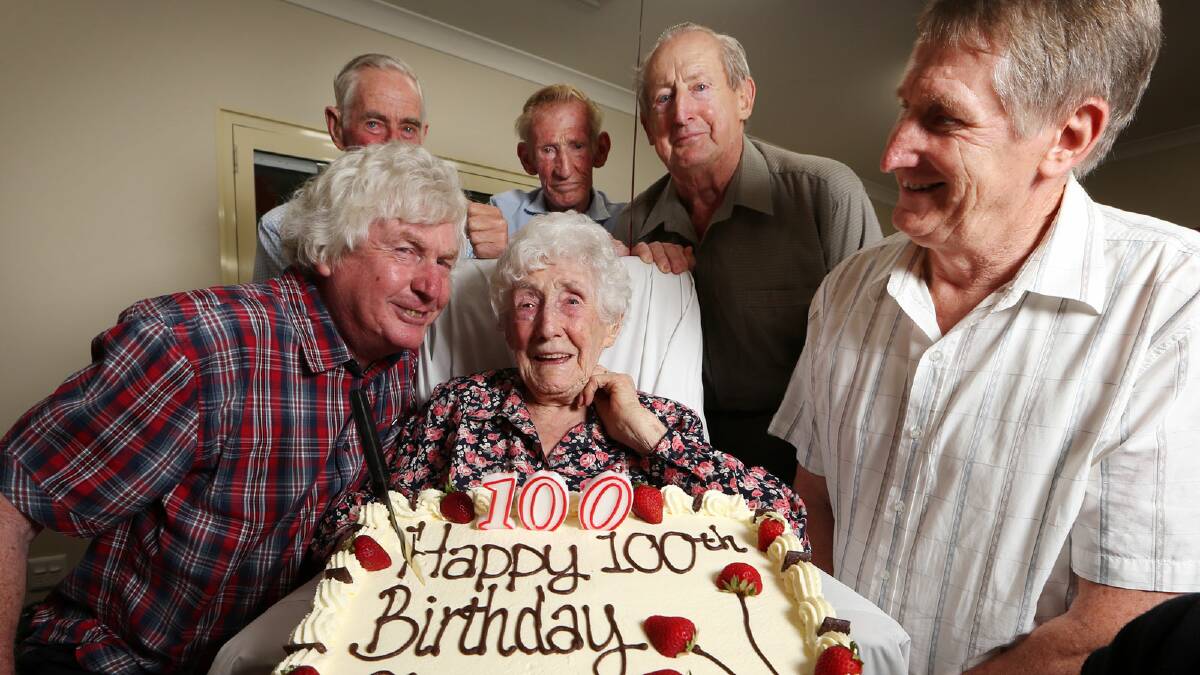 Elsie Stewart celebrated her 100th birthday with her five sons Noel, Douglas, Jeffrey, Leon and Brian. Picture: KYLIE ESLER
