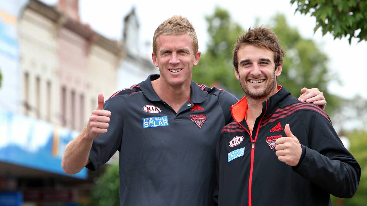 Dustin Fletcher and Jobe Watson take in the sights of Wangaratta. Picture: KYLIE ESLER