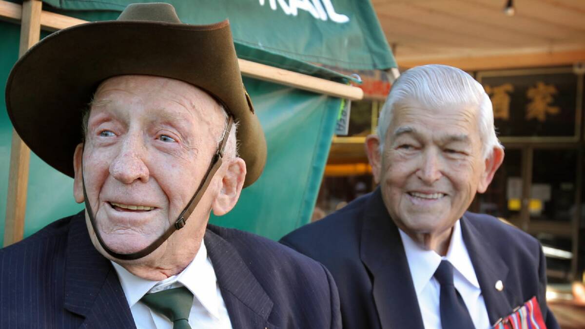 Wally Moras and Jack Sheridan at last year's ANZAC Day march in Albury.